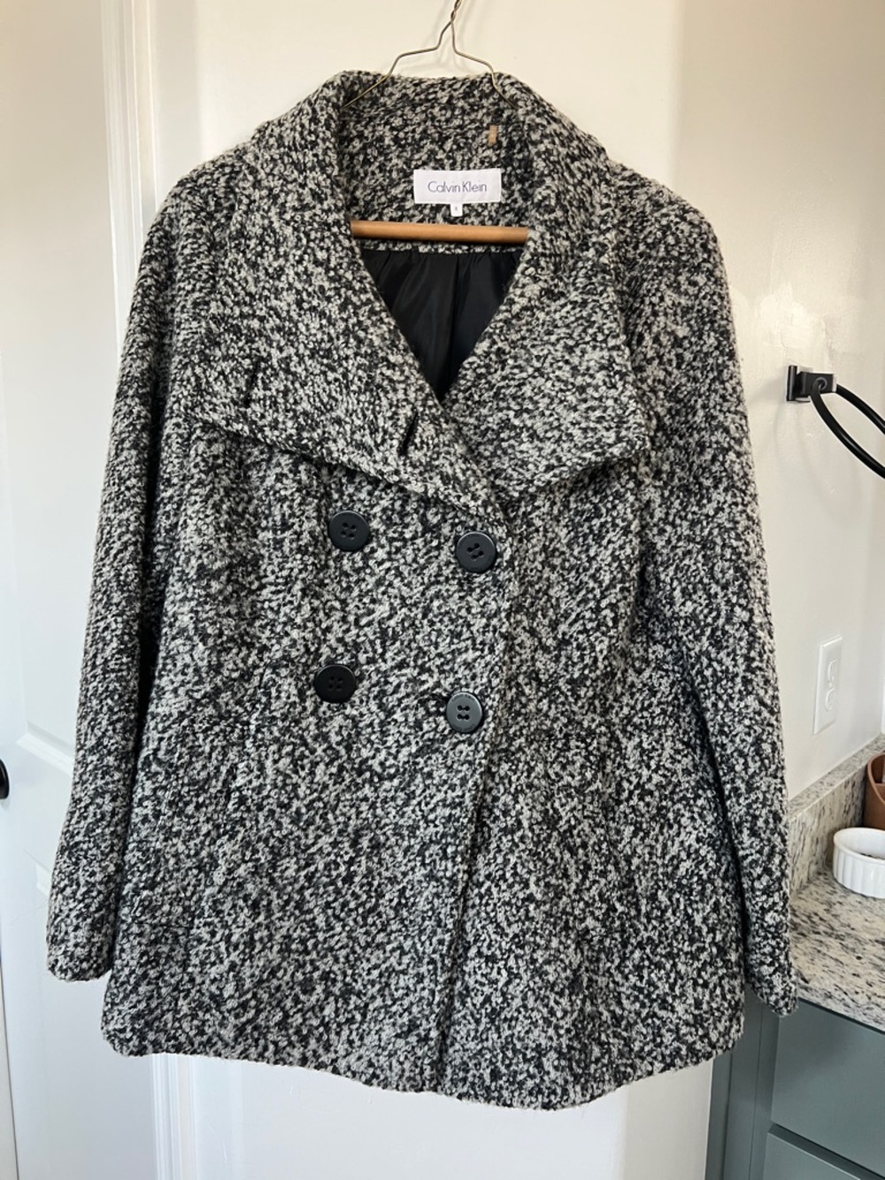 Calvin Klein Black and White Bouclé Double-Breasted Peacoat